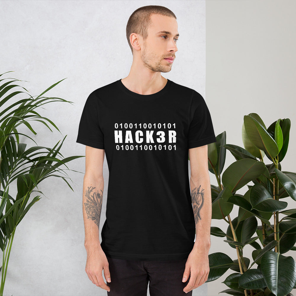 0100110010101 Hack3r Short-Sleeve Unisex T-Shirt (white text) by DarkByteGear