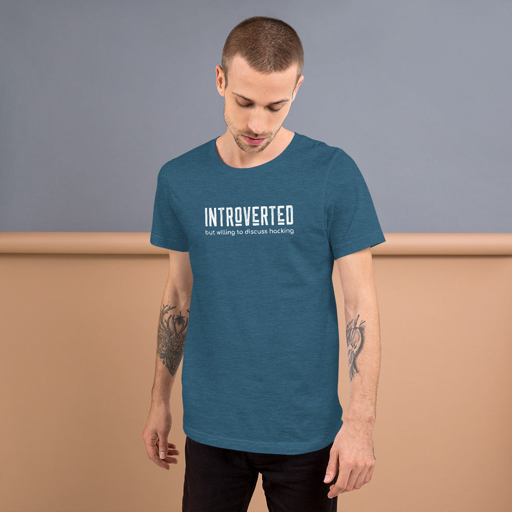 Introverted but willing to discuss hacking - Short-Sleeve Unisex T-Shirt (white text) by DarkByteGear