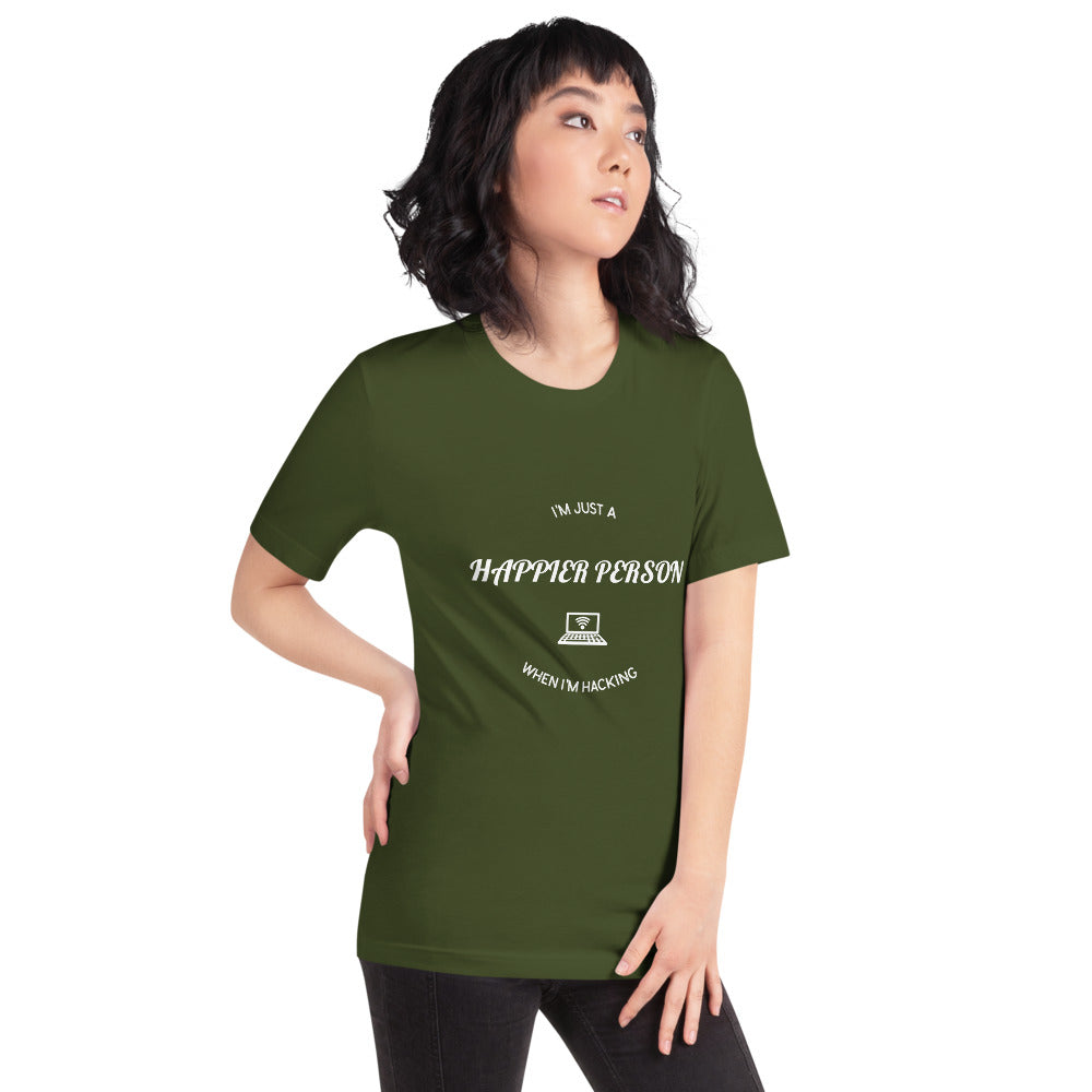 I'm a happier person when I'm hacking - Short-Sleeve Unisex T-Shirt (white text) by DarkByteGear