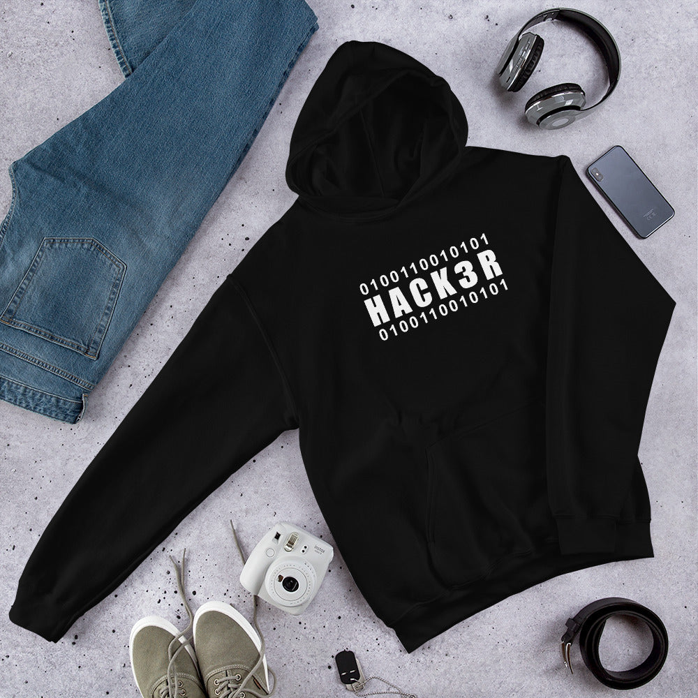 0100110010101 Hack3r - Hooded Sweatshirt (white text) by DarkByteGear
