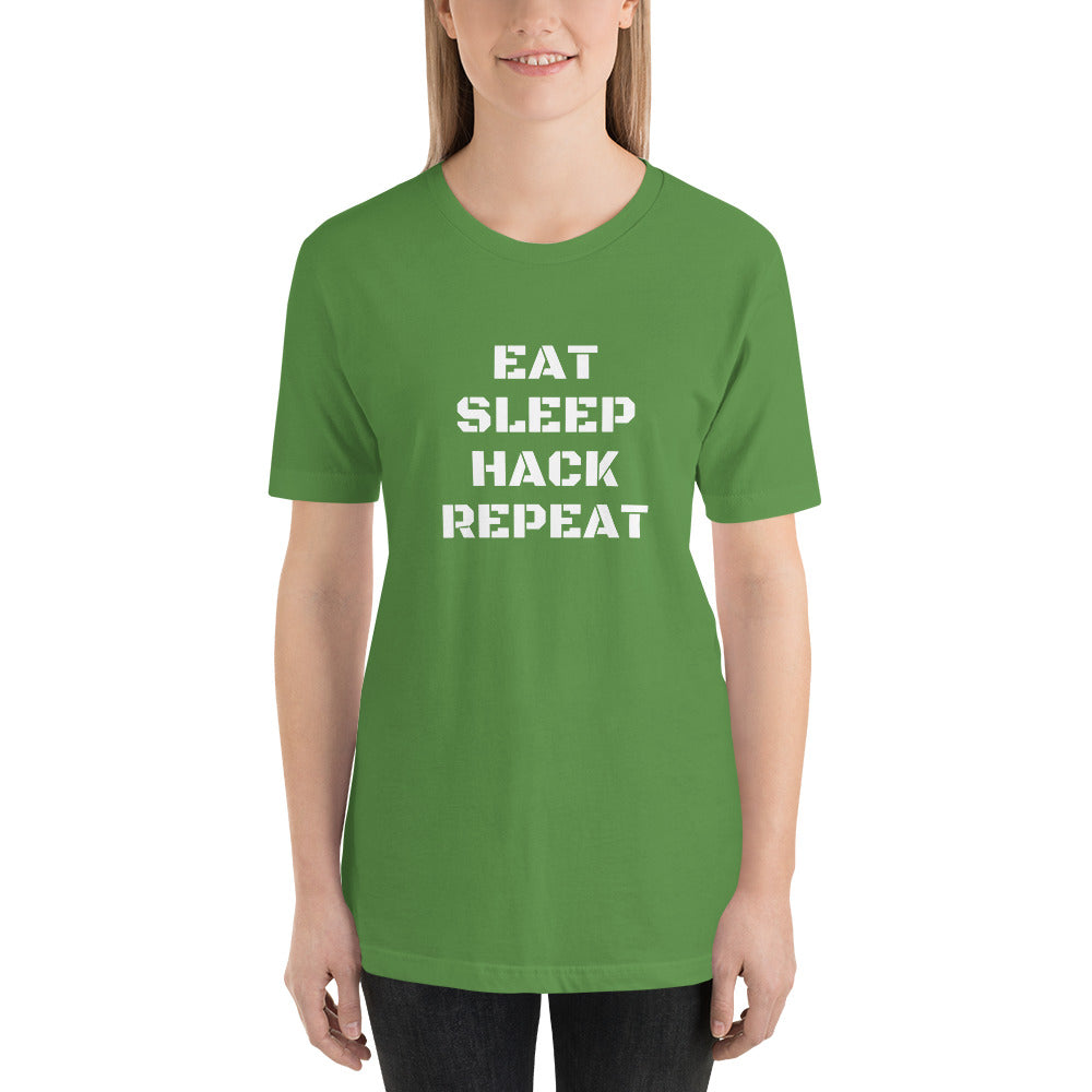 EAT SLEEP HACK REPEAT - Short-Sleeve Unisex T-Shirt (white text) by DarkByteGear