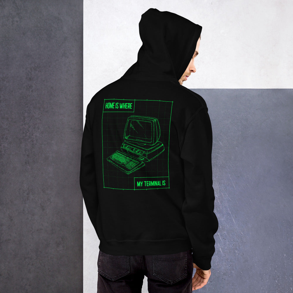 Home is where my terminal is - Unisex Hoodie (green text) by DarkByteGear