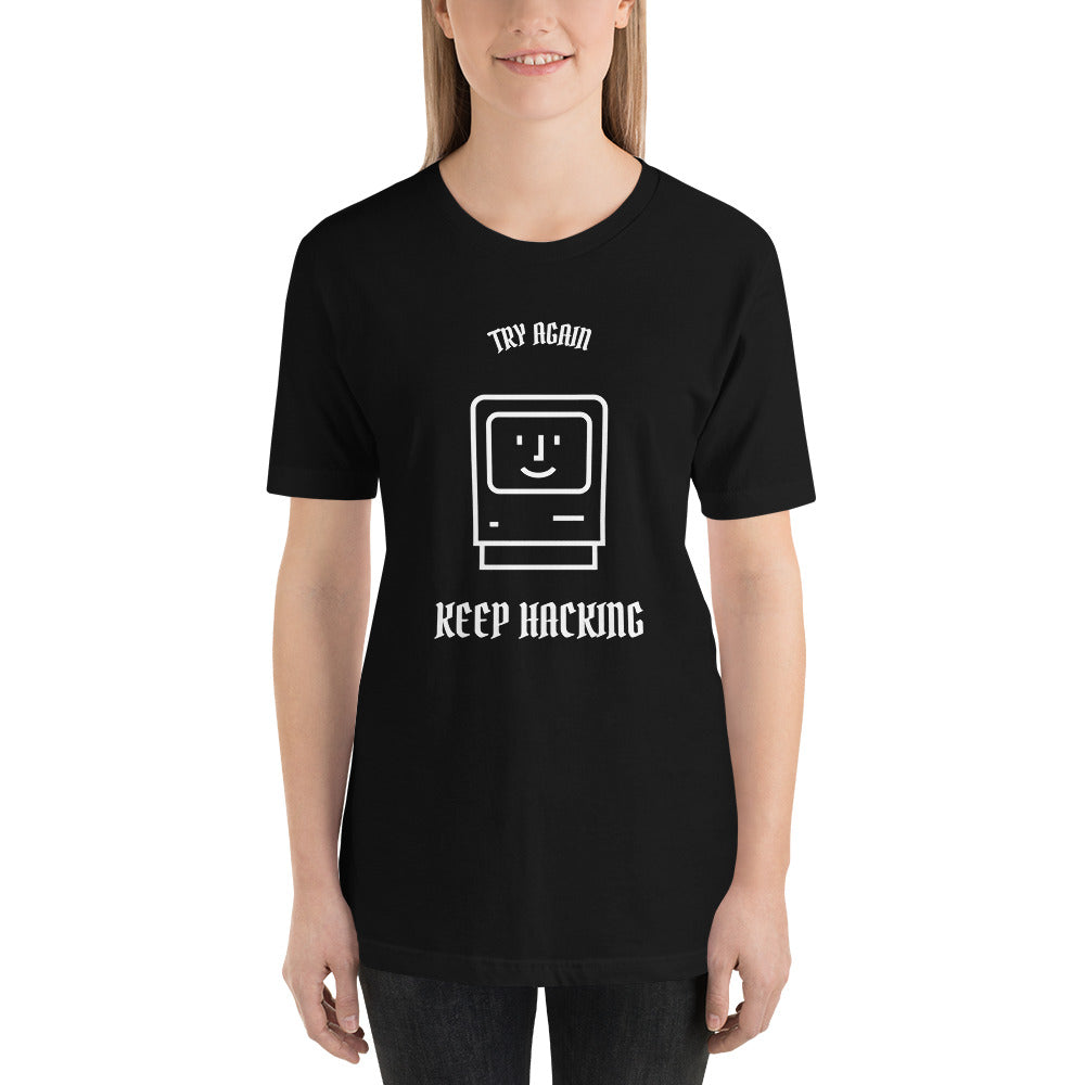 Keep hacking - Short-Sleeve Unisex T-Shirt (white text) by DarkByteGear