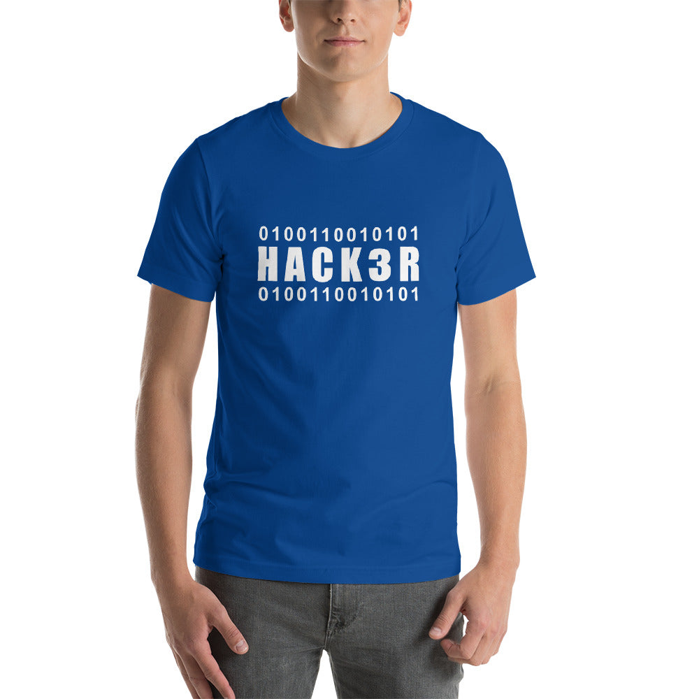 0100110010101 Hack3r Short-Sleeve Unisex T-Shirt (white text) by DarkByteGear