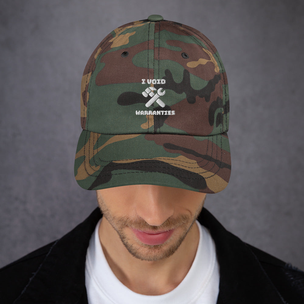 I void warranties - Dad hat (white text) by DarkByteGear