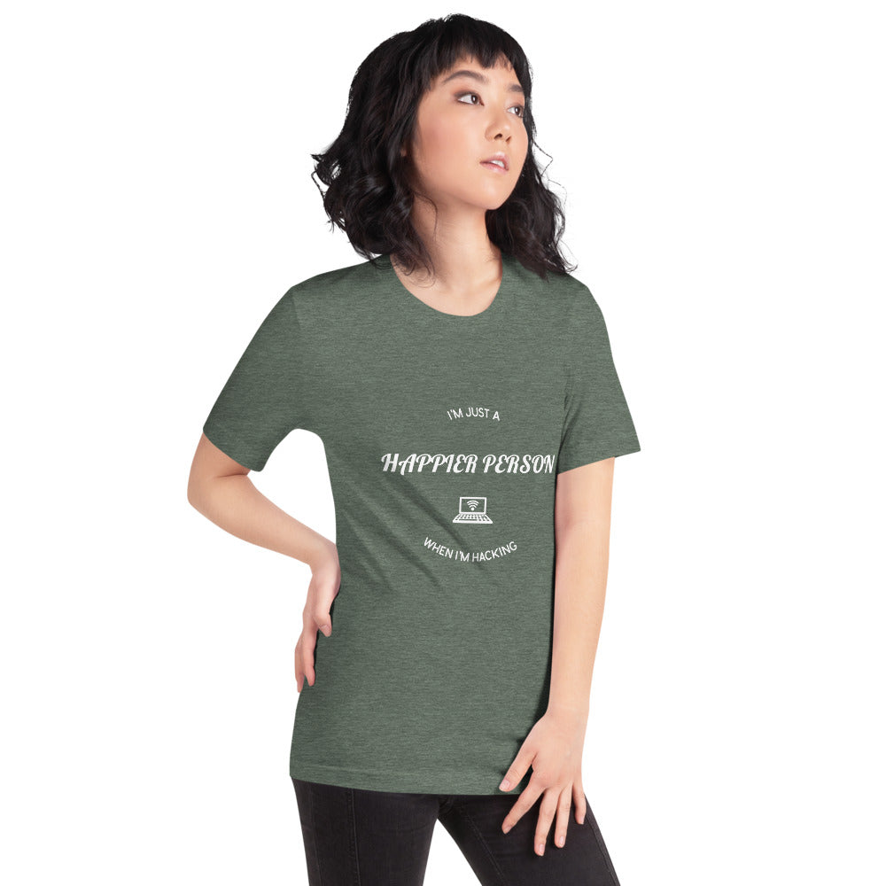 I'm a happier person when I'm hacking - Short-Sleeve Unisex T-Shirt (white text) by DarkByteGear