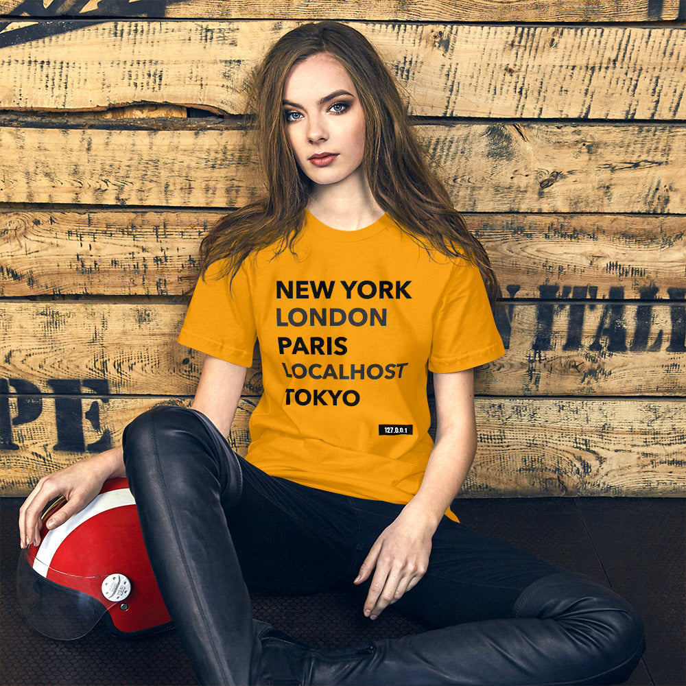 New York London Paris Localhost Tokyo 127.0.0.1 - Short-Sleeve Unisex T-Shirt (black text) by DarkByteGear