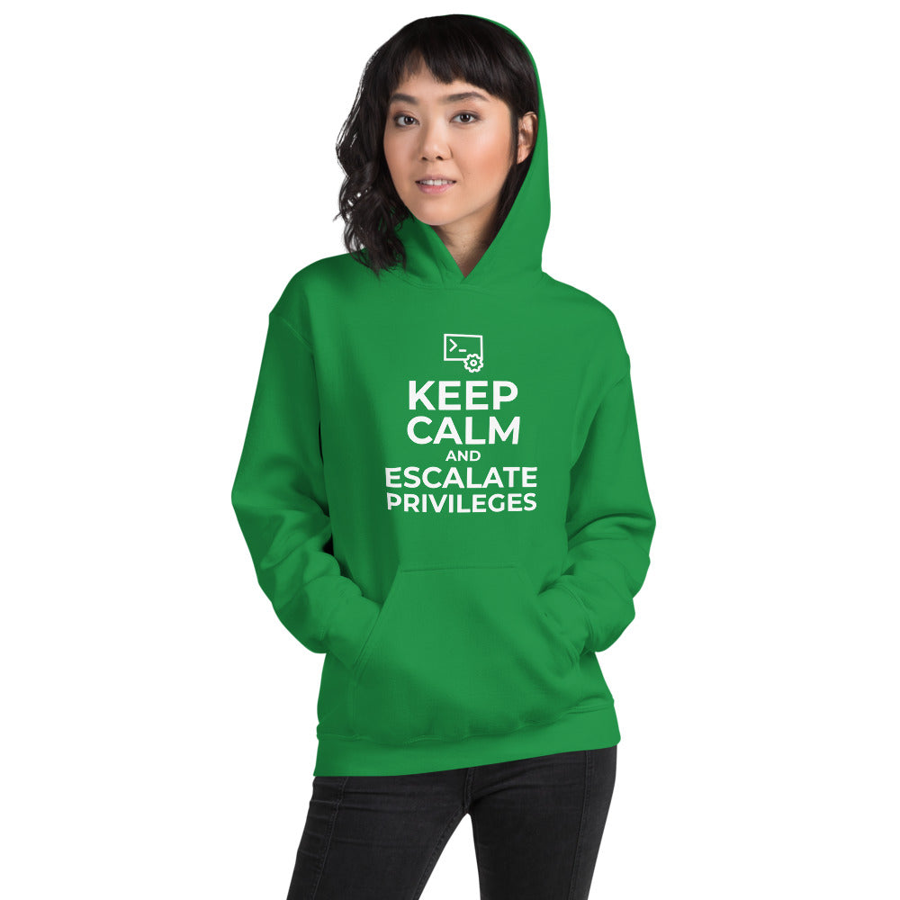 Keep calm and escalate privileges - Unisex Hoodie (white text) by DarkByteGear