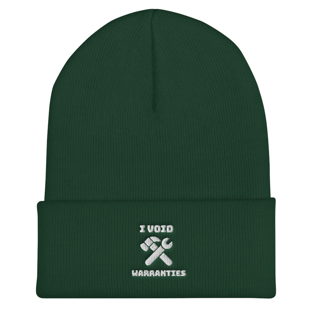 I void warranties - Cuffed Beanie (white text) by DarkByteGear