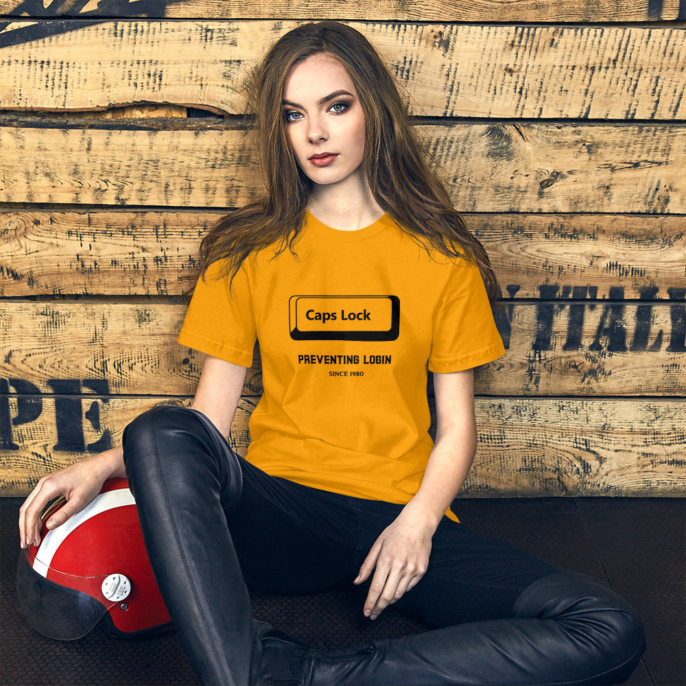 Caps Lock preventing login since 1980 - Short-Sleeve Unisex T-Shirt (black text) by DarkByteGear