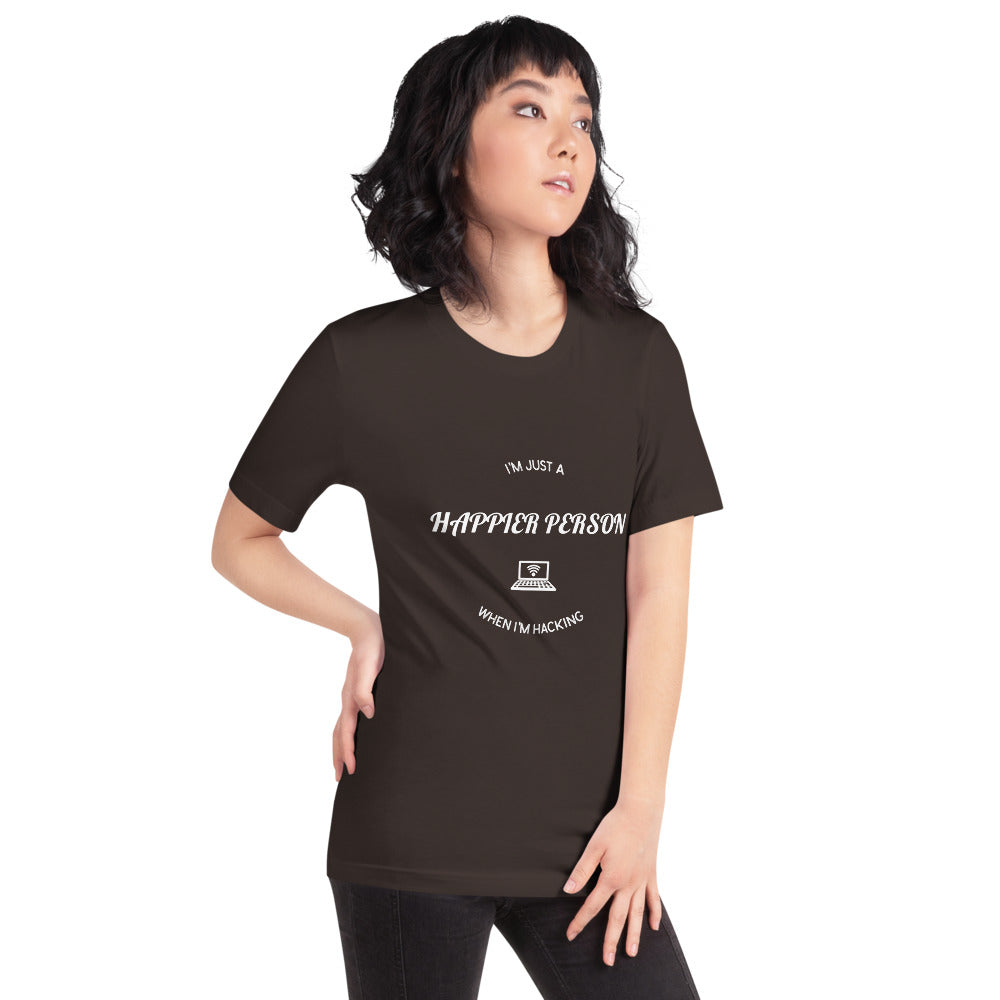 I'm a happier person when I'm hacking - Short-Sleeve Unisex T-Shirt (white text) by DarkByteGear