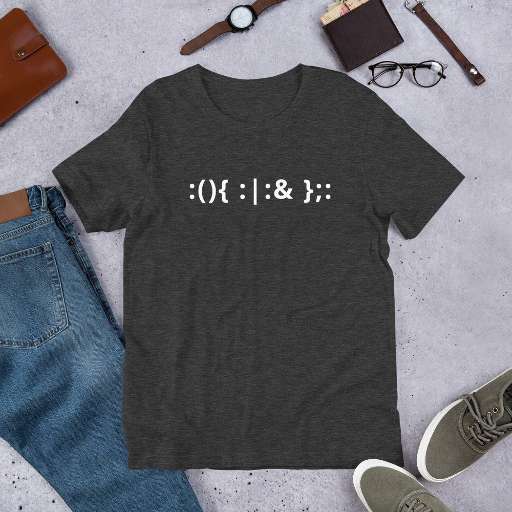 Linux Hackers - Bash Fork Bomb - White Text - Short-Sleeve Unisex T-Shirt by DarkByteGear