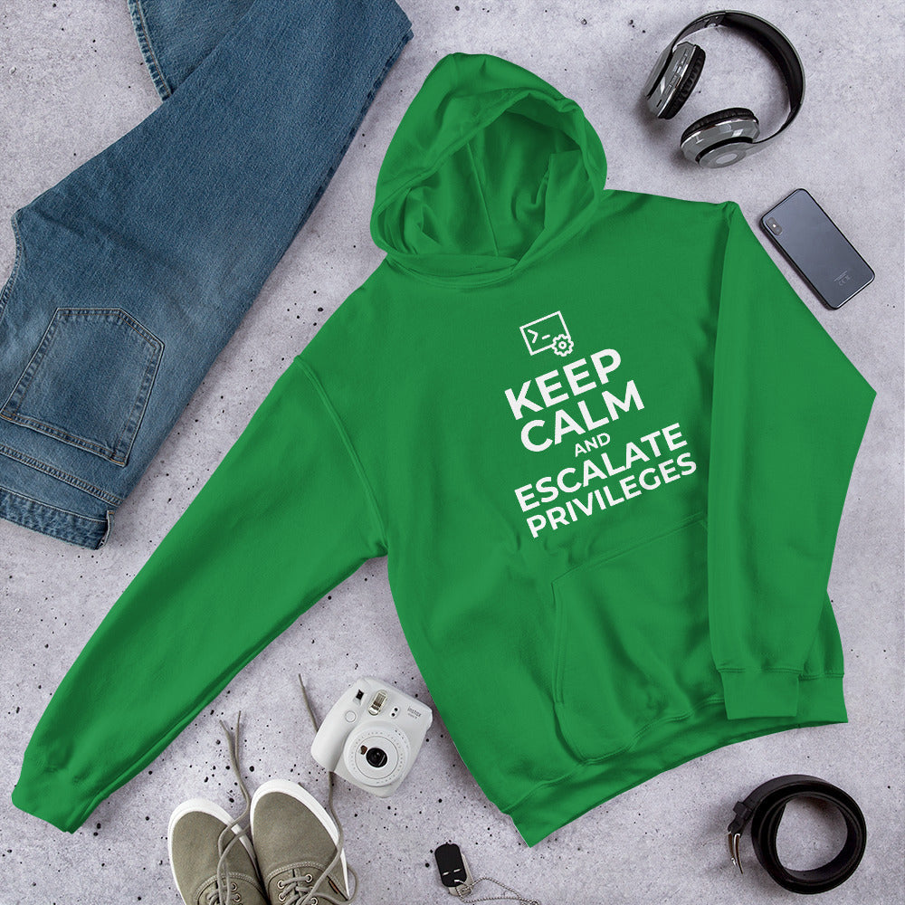 Keep calm and escalate privileges - Unisex Hoodie (white text) by DarkByteGear