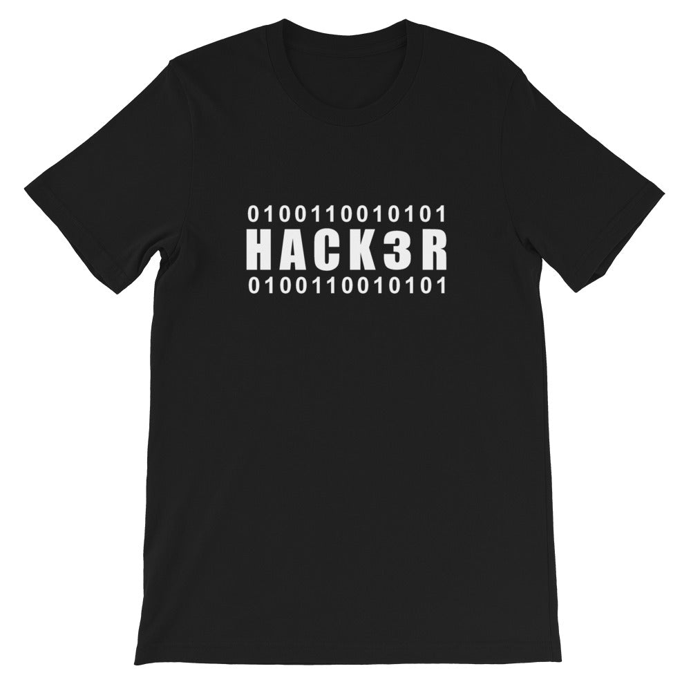 0100110010101 Hack3r Short-Sleeve Unisex T-Shirt (white text) by DarkByteGear
