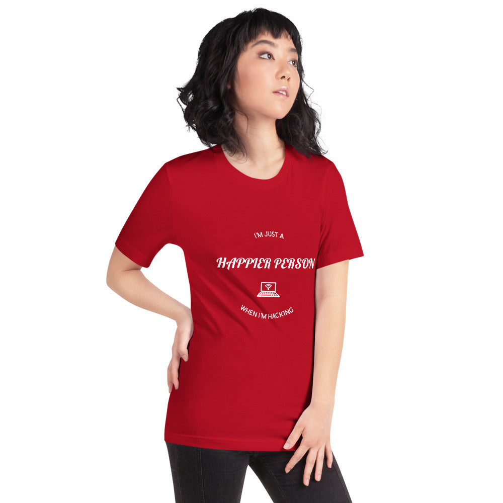 I'm a happier person when I'm hacking - Short-Sleeve Unisex T-Shirt (white text) by DarkByteGear