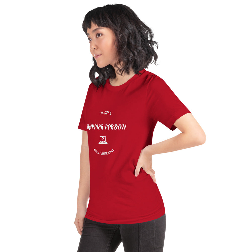 I'm a happier person when I'm hacking - Short-Sleeve Unisex T-Shirt (white text) by DarkByteGear