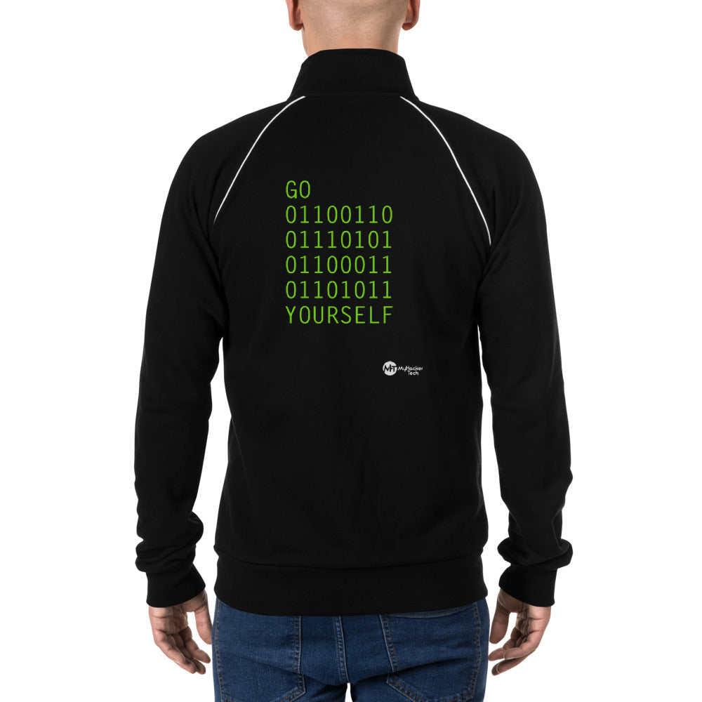 GO 01100110 01110101 01100011 01101011 YOURSELF - Piped Fleece Jacket by DarkByteGear