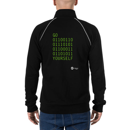 GO 01100110 01110101 01100011 01101011 YOURSELF - Piped Fleece Jacket by DarkByteGear