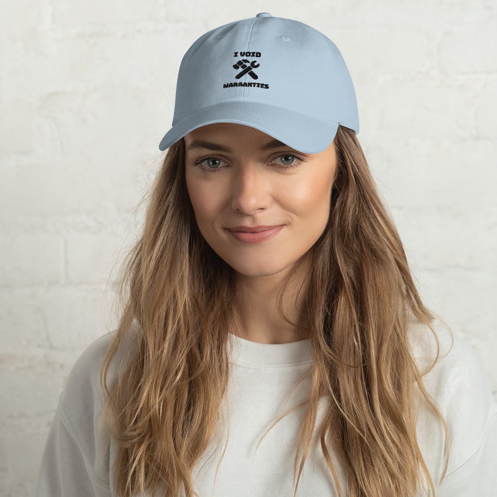 I void warranties - Dad hat (black text) by DarkByteGear