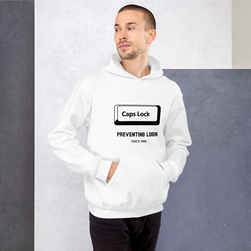 Caps Lock preventing login since 1980 - Unisex Hoodie (black text) by DarkByteGear
