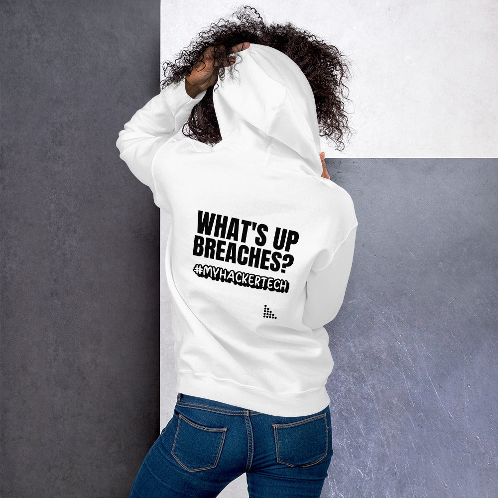What's up breaches? - Unisex Hoodie (black text) by DarkByteGear