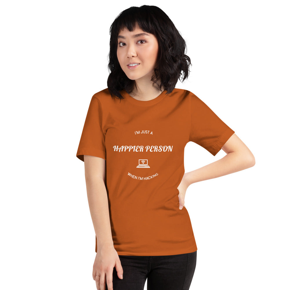 I'm a happier person when I'm hacking - Short-Sleeve Unisex T-Shirt (white text) by DarkByteGear