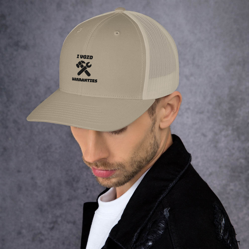 I void warranties - Trucker Cap (black text) by DarkByteGear
