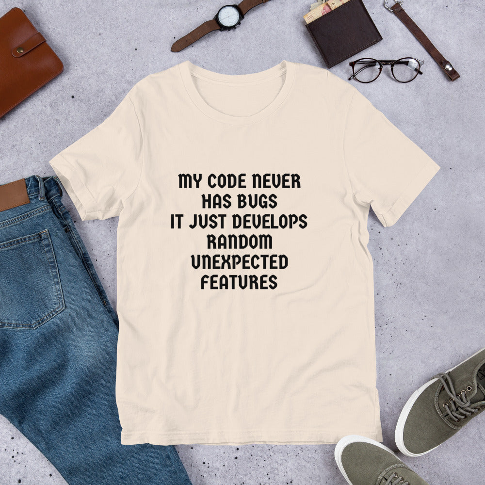 MY CODE NEVER HAS BUGS - Short-Sleeve Unisex T-Shirt (black text) by DarkByteGear