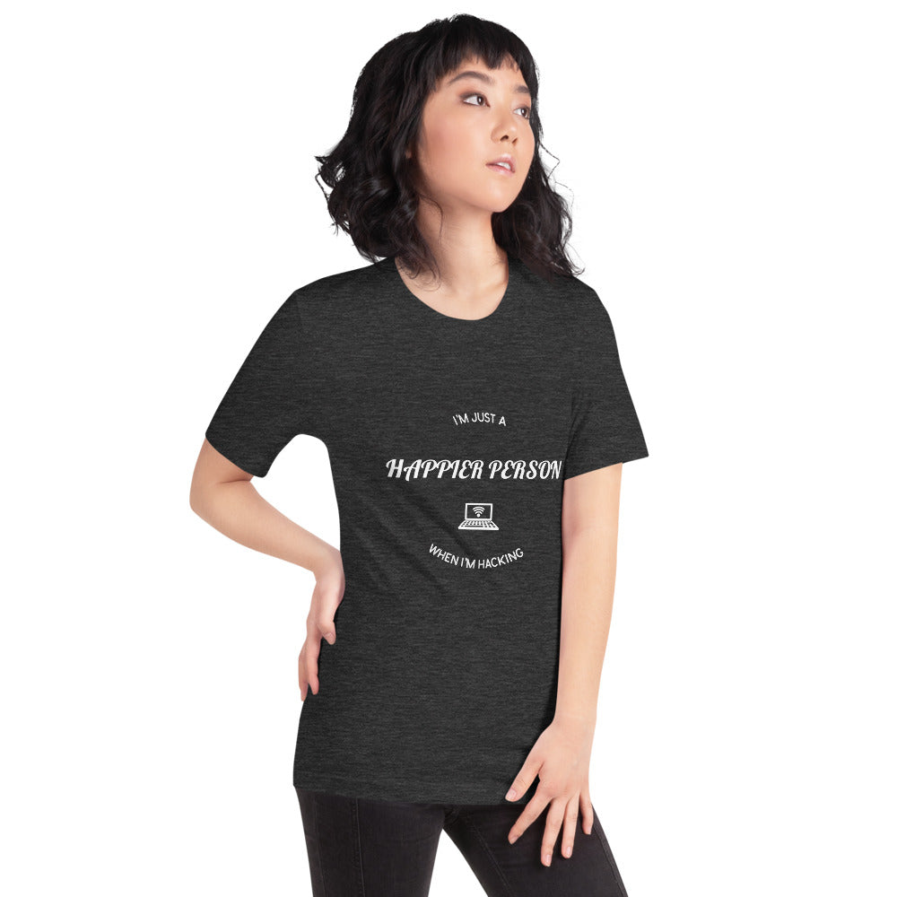 I'm a happier person when I'm hacking - Short-Sleeve Unisex T-Shirt (white text) by DarkByteGear