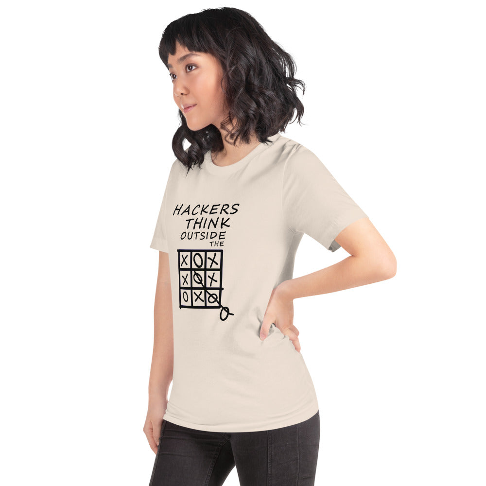 Hackers think outside the box - Short-Sleeve Unisex T-Shirt (black text) by DarkByteGear