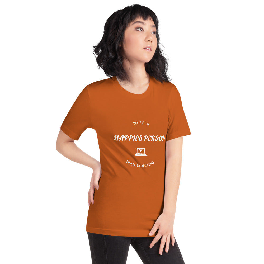 I'm a happier person when I'm hacking - Short-Sleeve Unisex T-Shirt (white text) by DarkByteGear