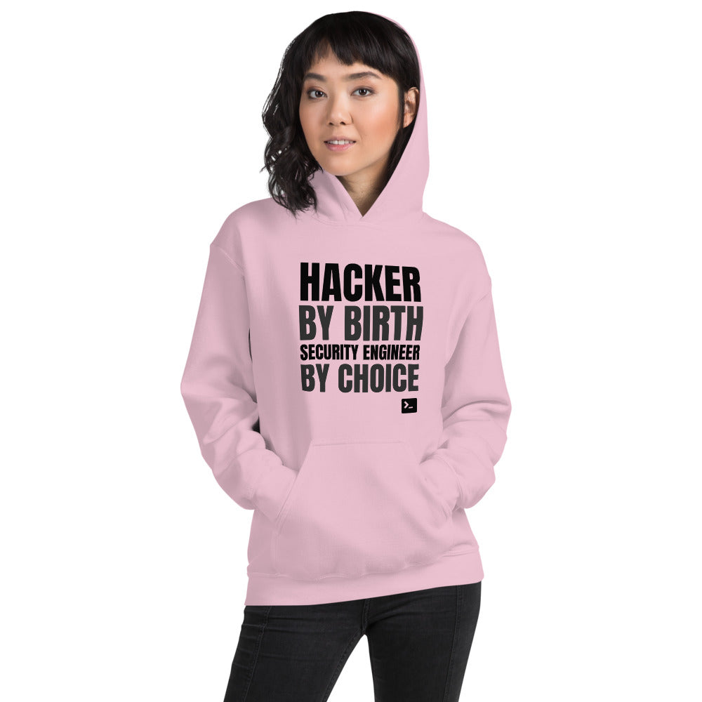 Hacker by birth security engineer by choice - Unisex Hoodie (black text) by DarkByteGear