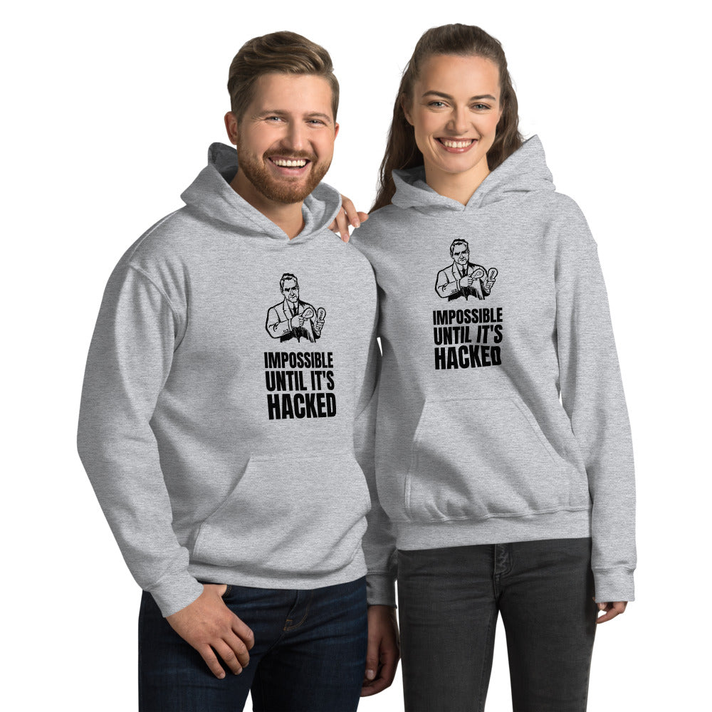 Impossible until it's hacked - Unisex Hoodie (black text) by DarkByteGear