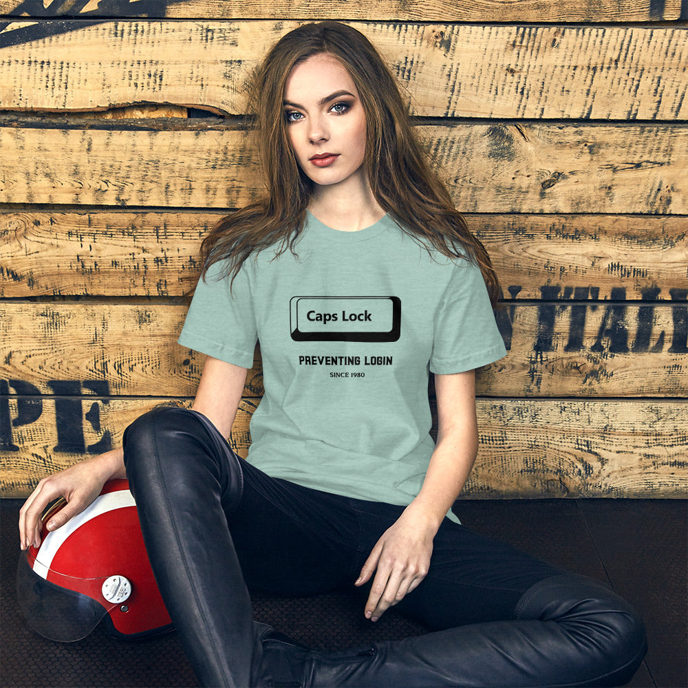 Caps Lock preventing login since 1980 - Short-Sleeve Unisex T-Shirt (black text) by DarkByteGear