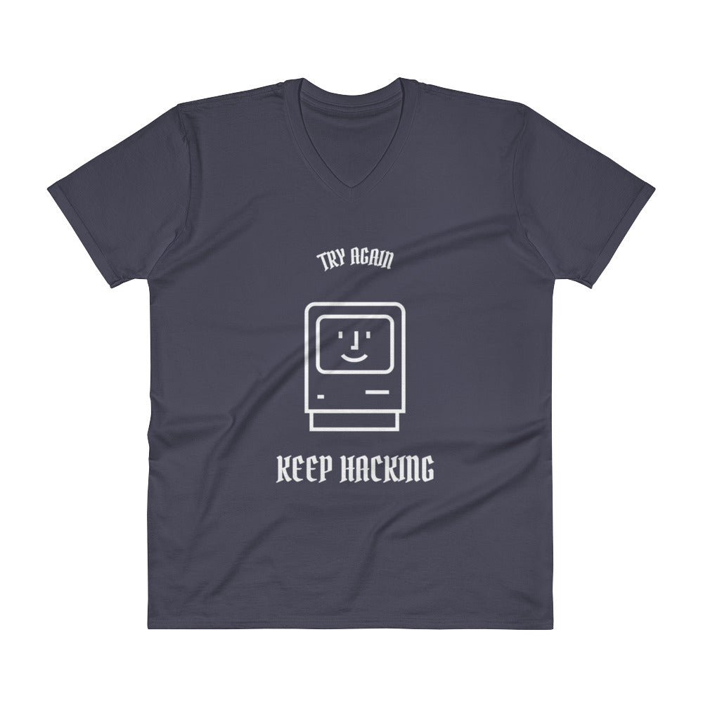 Keep hacking - V-Neck T-Shirt (white text) by DarkByteGear
