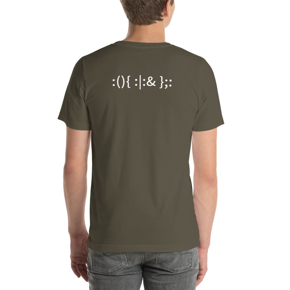 Linux Hackers - Bash Fork Bomb - White Text Short-Sleeve Unisex T-Shirt ( with back design) by DarkByteGear