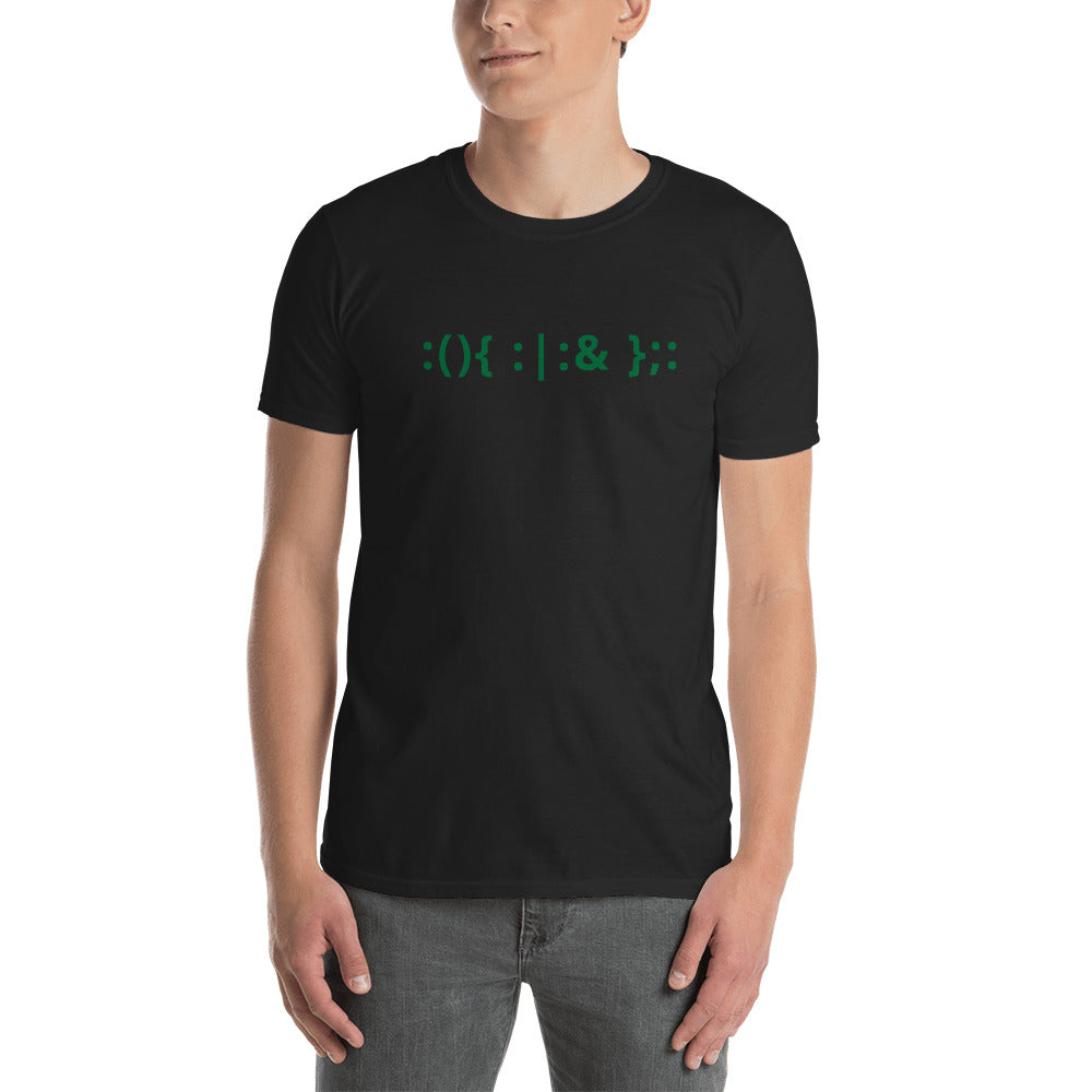 Linux Hackers - Bash Fork Bomb - Green Text - Short-Sleeve Unisex T-Shirt by DarkByteGear