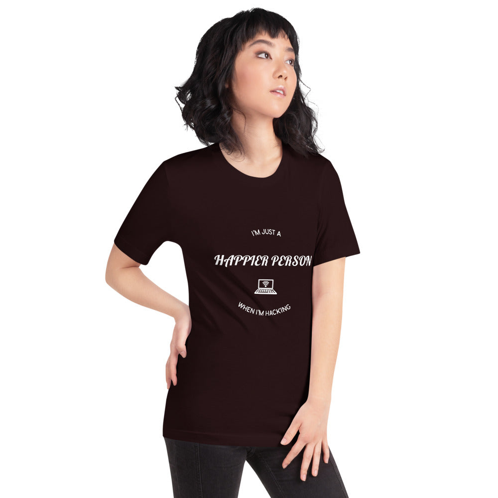 I'm a happier person when I'm hacking - Short-Sleeve Unisex T-Shirt (white text) by DarkByteGear