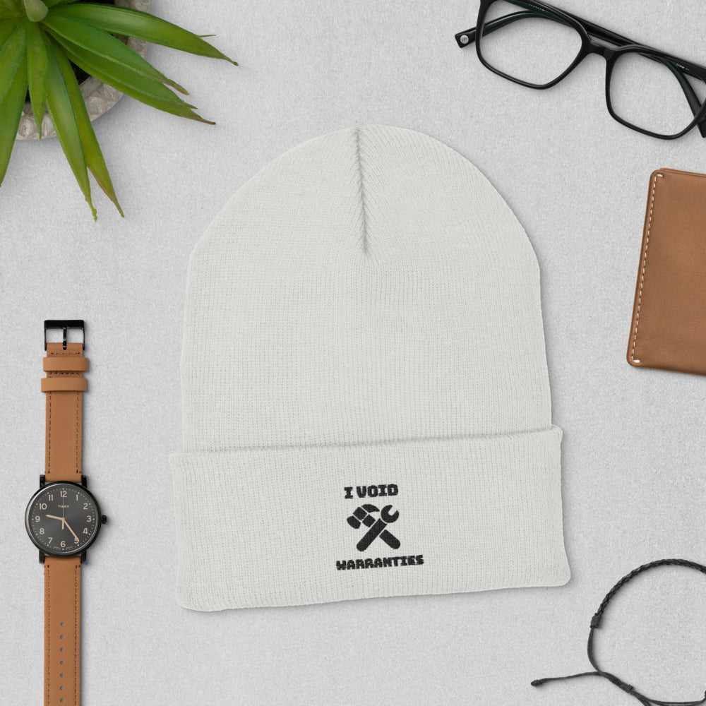 I void warranties - Cuffed Beanie (black text) by DarkByteGear
