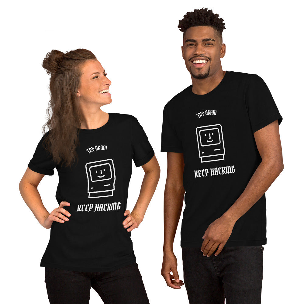 Keep hacking - Short-Sleeve Unisex T-Shirt (white text) by DarkByteGear
