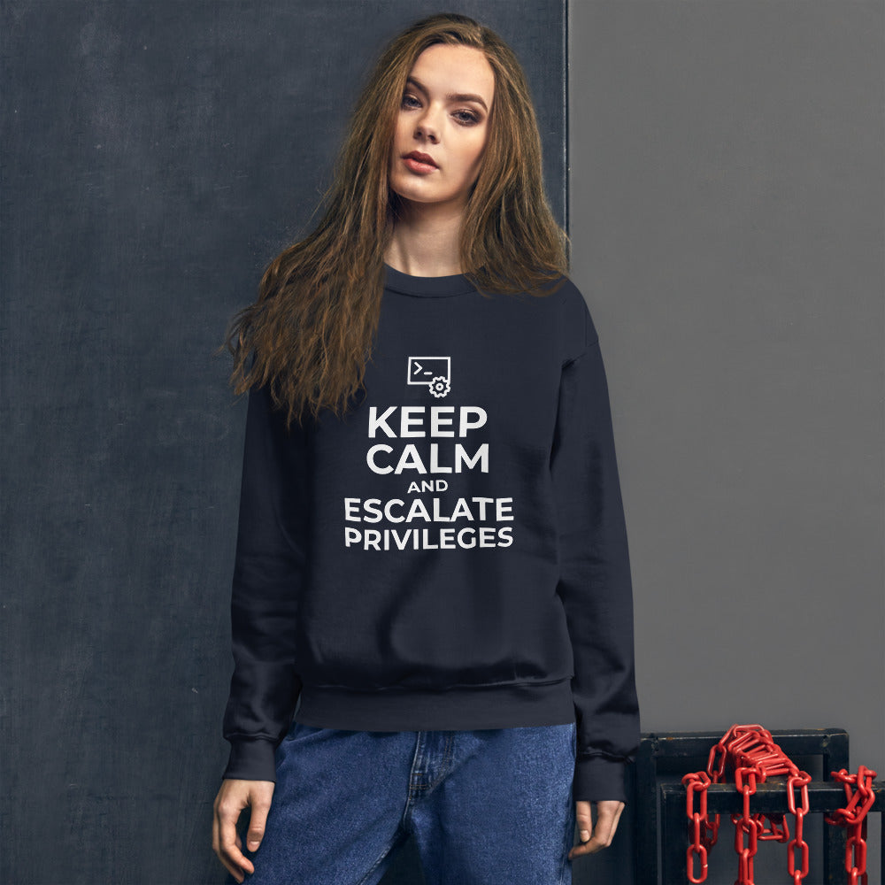 Keep calm and escalate privileges - Unisex Sweatshirt (white text) by DarkByteGear