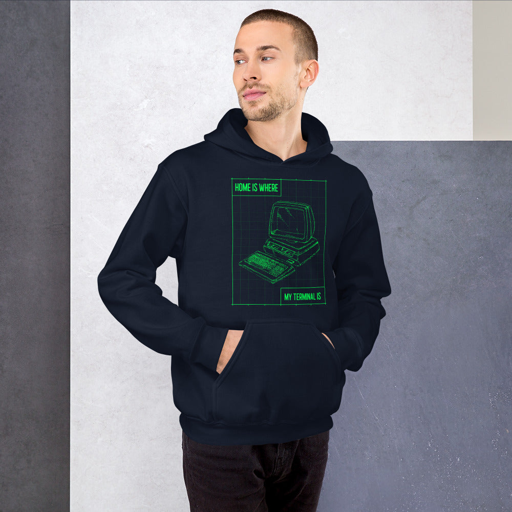 Home is where my terminal is - Unisex Hoodie (green text) by DarkByteGear