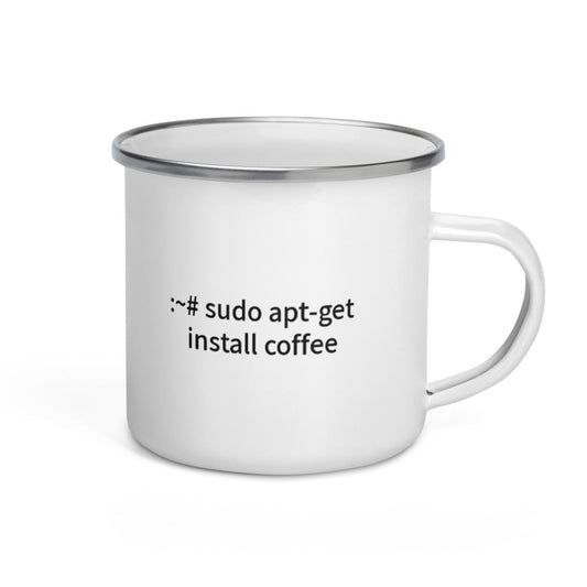 sudo apt-get install coffee - Enamel Mug by DarkByteGear