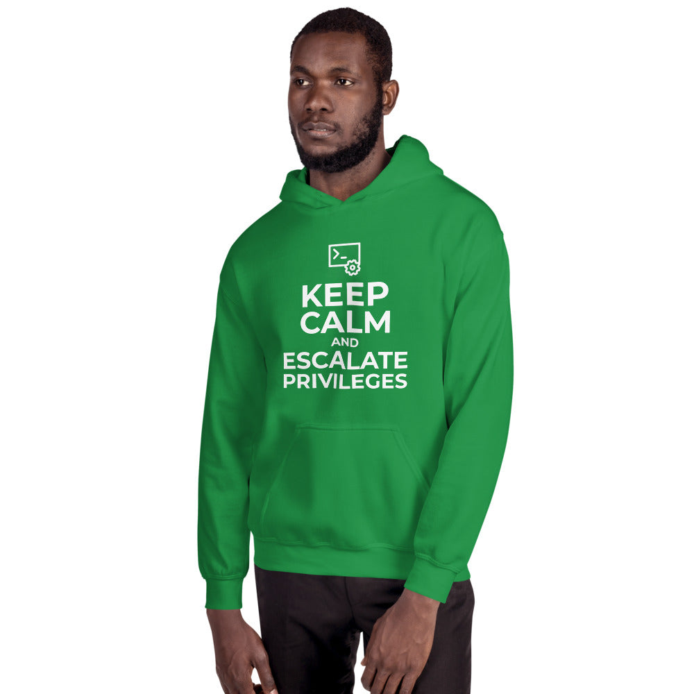 Keep calm and escalate privileges - Unisex Hoodie (white text) by DarkByteGear