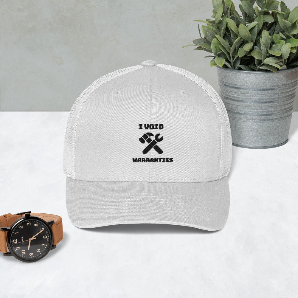 I void warranties - Trucker Cap (black text) by DarkByteGear