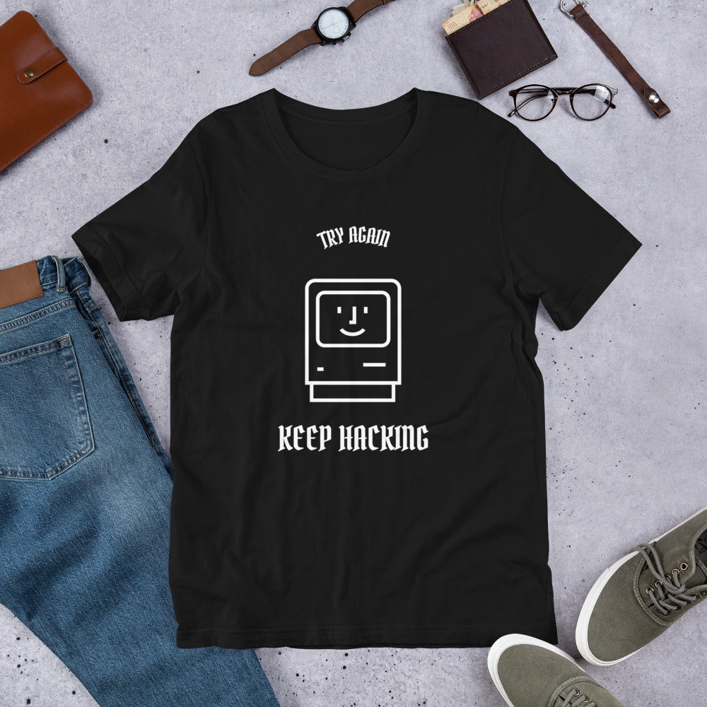 Keep hacking - Short-Sleeve Unisex T-Shirt (white text) by DarkByteGear