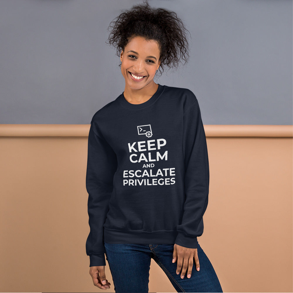 Keep calm and escalate privileges - Unisex Sweatshirt (white text) by DarkByteGear