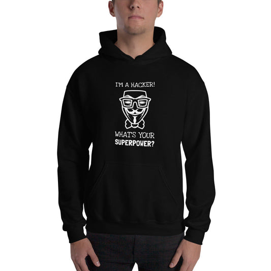 I'm a hacker! What's your superpower? - Hooded Sweatshirt (white text) by DarkByteGear
