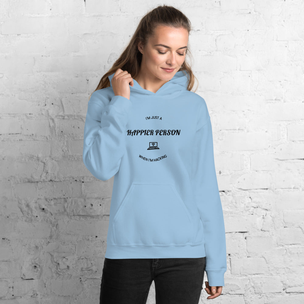 I'm a happier person when I'm hacking - Unisex Hoodie (black text) by DarkByteGear
