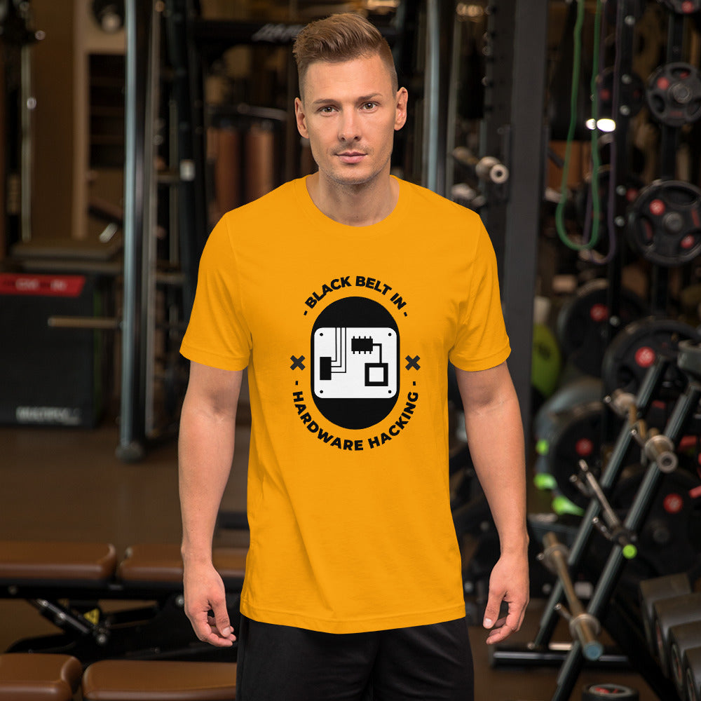 Black belt in hardware hacking - Short-Sleeve Unisex T-Shirt (black text) by DarkByteGear